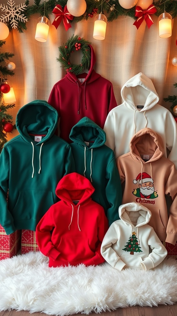 A variety of stylish hoodies in festive colors displayed on a holiday-themed backdrop.
